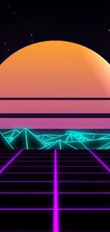 Neon sunset with futuristic geometric design and vibrant glowing colors.