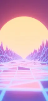 Futuristic neon landscape with glowing sun in abstract style.