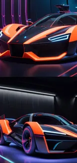Futuristic neon supercar with sleek design in a digital art style.