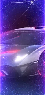 Futuristic supercar with neon purple lights on a dynamic wallpaper.