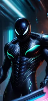 Futuristic superhero with neon highlights in a dark room.