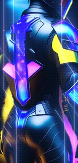 Futuristic neon tech suit wallpaper with vibrant blue and purple highlights.