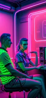 Futuristic neon room with glowing screens and retro aesthetic.