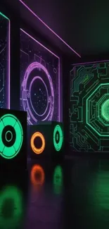 Futuristic neon tech wall with geometric patterns.