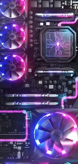 Futuristic mobile wallpaper with neon lights and tech components.