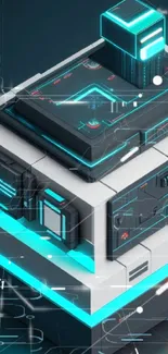 Futuristic digital cube with neon cyan highlights in cyberpunk style.