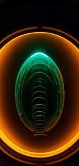 Futuristic neon tech-inspired mobile wallpaper with orange and teal glow.