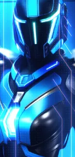 Futuristic neon tech warrior in blue armor with vibrant digital elements.