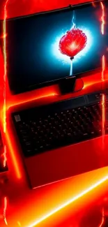 Futuristic neon keyboard and monitor with glowing red accents.