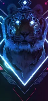 A futuristic neon tiger art with geometric patterns and a vibrant blue glow.