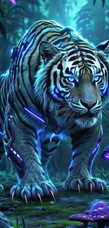 Neon tiger in a glowing alien forest, digital art illustration.