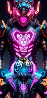 Futuristic neon tiger warrior with vibrant colors.