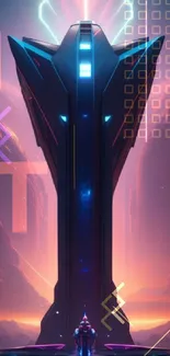 Futuristic neon tower with vibrant hues and sci-fi elements, ideal for mobile screens.