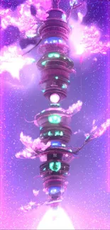 Futuristic neon tower with pink and blue hues in space setting.