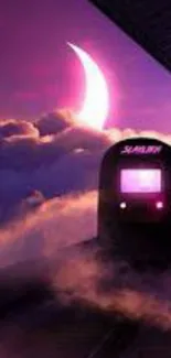 Fantasy neon train in purple sky with crescent moons and clouds.