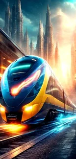 Futuristic train with neon lights speeding through a city landscape.