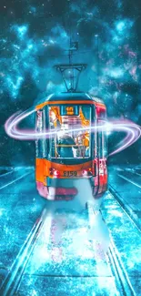 Futuristic tram in neon lights against a cosmic background.