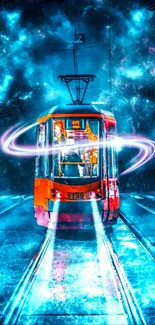 A futuristic tram in electric blue neon with cosmic elements in the background.