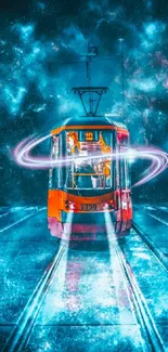 A futuristic tram surrounded by neon glow and cosmic backdrop on a city street.