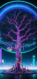 Futuristic neon tree with glowing branches.