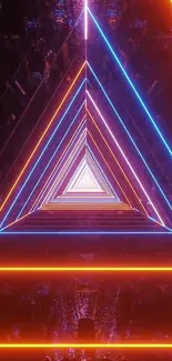 Futuristic neon triangle with vibrant light patterns and geometric design.