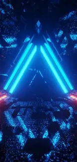 Futuristic neon triangle with glowing blue lights abstract art.