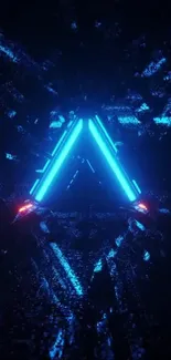 Futuristic neon triangle with glowing blue lights on a dark background.