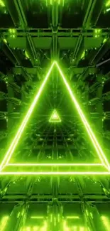 Futuristic neon triangle with geometric pattern in vibrant green.