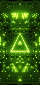 Futuristic neon triangle wallpaper with glowing green patterns.