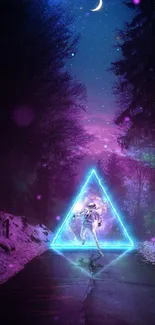 Futuristic mobile wallpaper with neon triangle and cosmic forest.