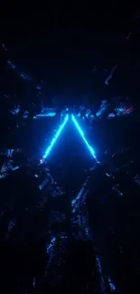 Futuristic neon triangle with blue glow on dark background.