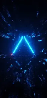 Futuristic neon triangle with glowing blue lights against a dark background.