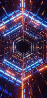 Futuristic neon tunnel with blue and orange lights.