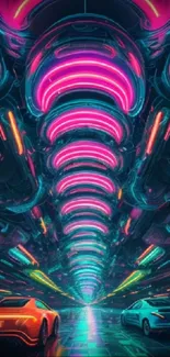 Futuristic vehicles in a neon-lit tunnel landscape.