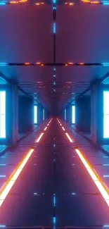 Futuristic neon tunnel with blue and orange lights.