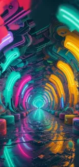 Futuristic neon tunnel with vibrant colors and reflective floor.