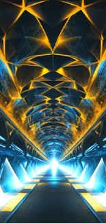 Futuristic neon tunnel with geometric patterns in blue and gold hues.