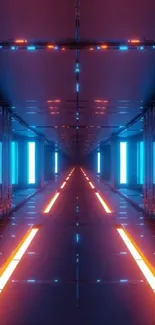 Futuristic neon tunnel with blue and orange lights.