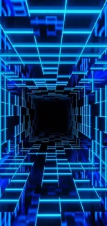 Futuristic neon grid tunnel with dynamic blue hues and geometric patterns.