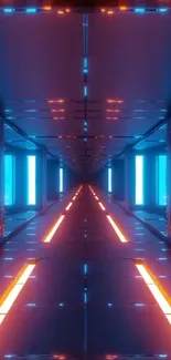 Futuristic neon tunnel with blue and orange lights.