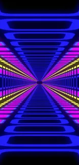 Colorful neon tunnel with geometric patterns in blue, pink, and yellow hues.