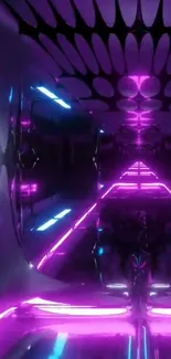 Futuristic tunnel wallpaper with neon lights and reflections.