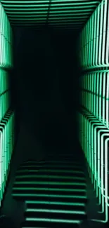 Abstract green neon tunnel with repetitive light pattern.