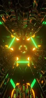 Futuristic neon tunnel with green and orange lights.