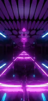 Futuristic neon tunnel with vibrant pink and blue lights in a symmetrical design.