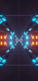 Futuristic neon tunnel design with blue and orange lights.