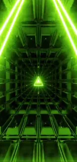 Neon green futuristic tunnel with geometric patterns.