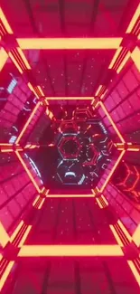 Futuristic neon tunnel with glowing red lights.