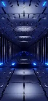 Futuristic neon blue tunnel with digital design.