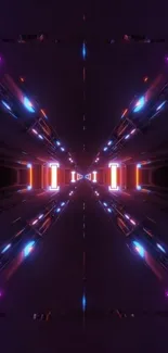 Futuristic neon tunnel wallpaper with purple and blue lights.